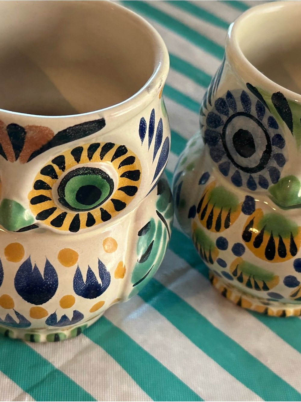 Anthropologie Hand-Painted Owl Mugs — Yellow, Blue, Green